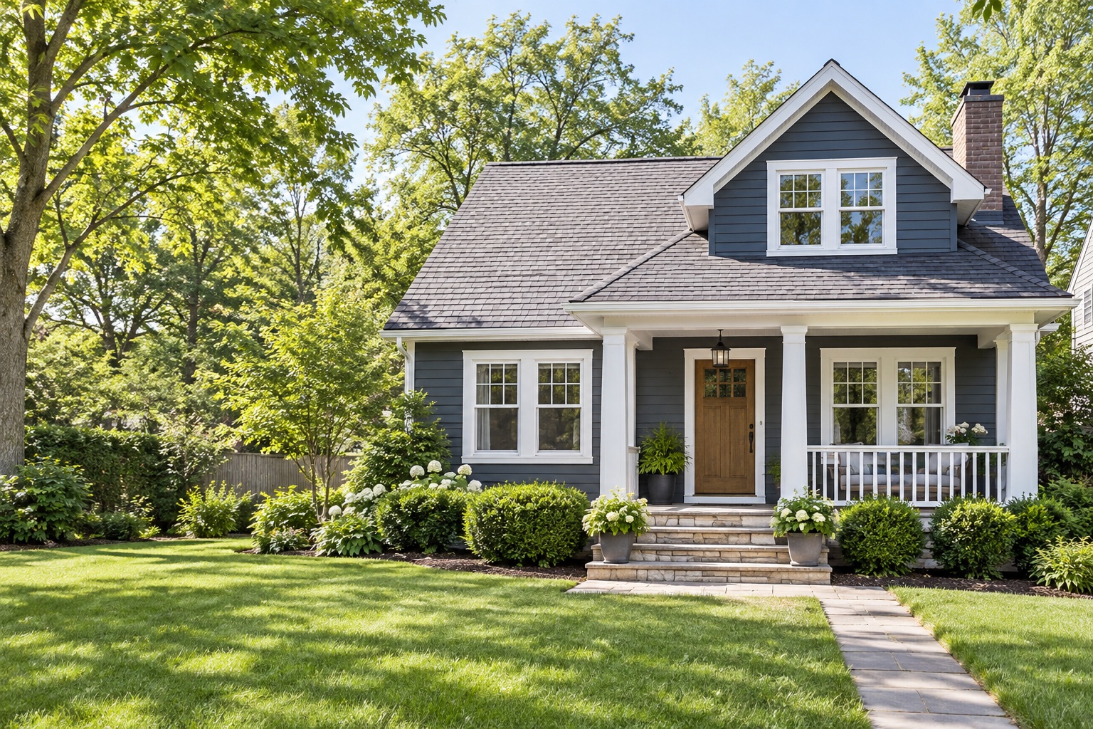 A renovated charcoal cottage with white trim, a front porch, and a green lawn